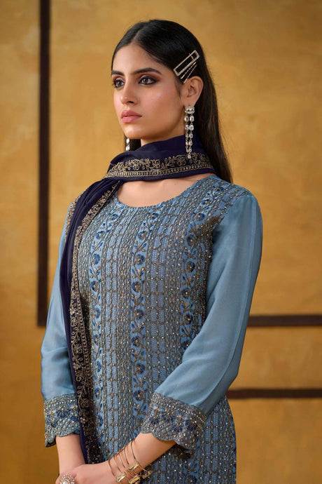 Aqua blue satin Embroidered Salwar Suits
