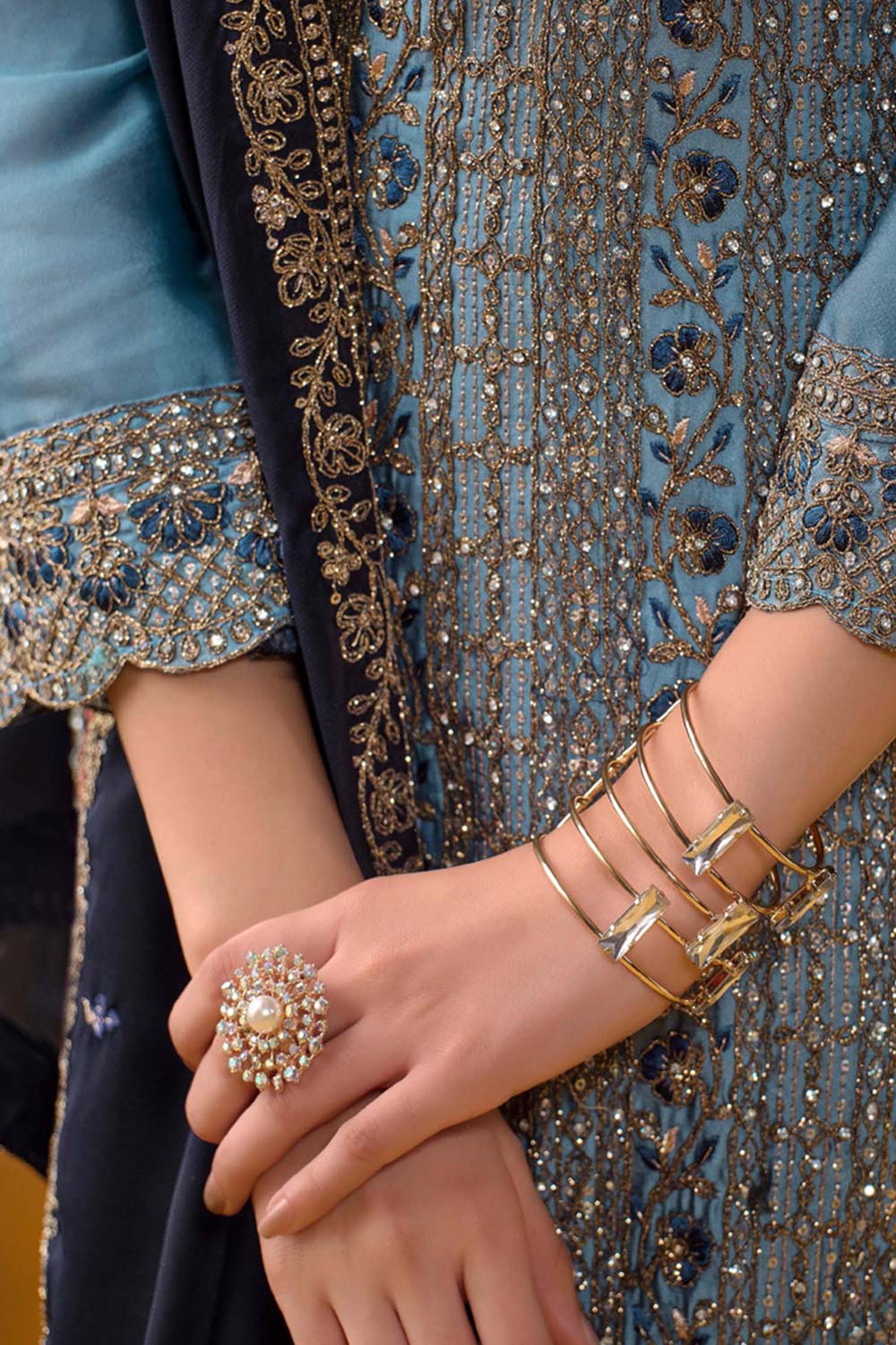 Aqua blue satin Embroidered Salwar Suits