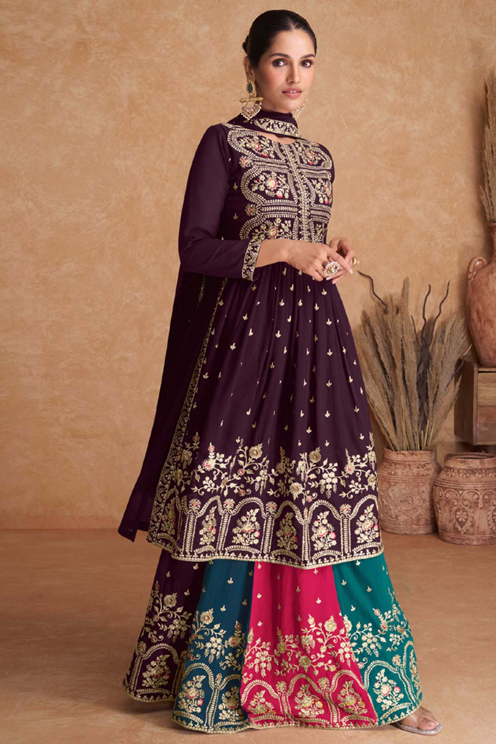 Wine Georgette Embroidered Salwar Suit