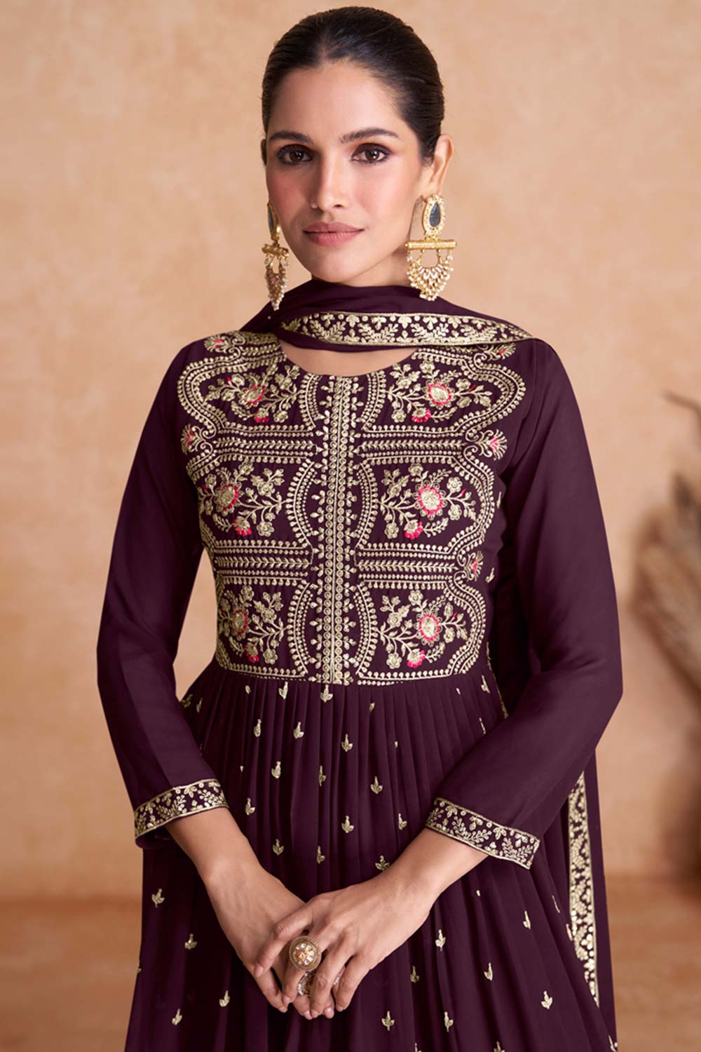 Wine Georgette Embroidered Salwar Suit