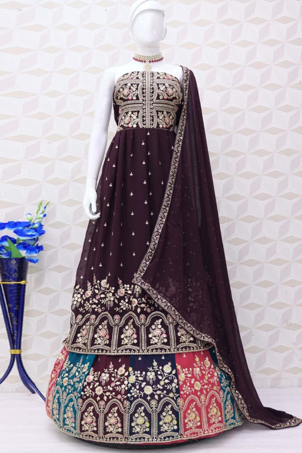 Wine Georgette Embroidered Salwar Suit