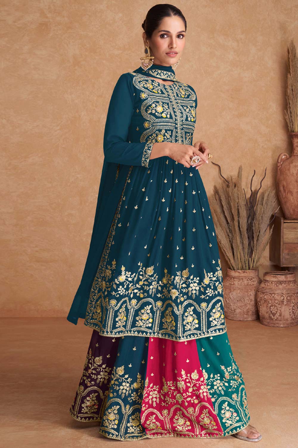 Teal Blue Georgette Embroidered Salwar Suit