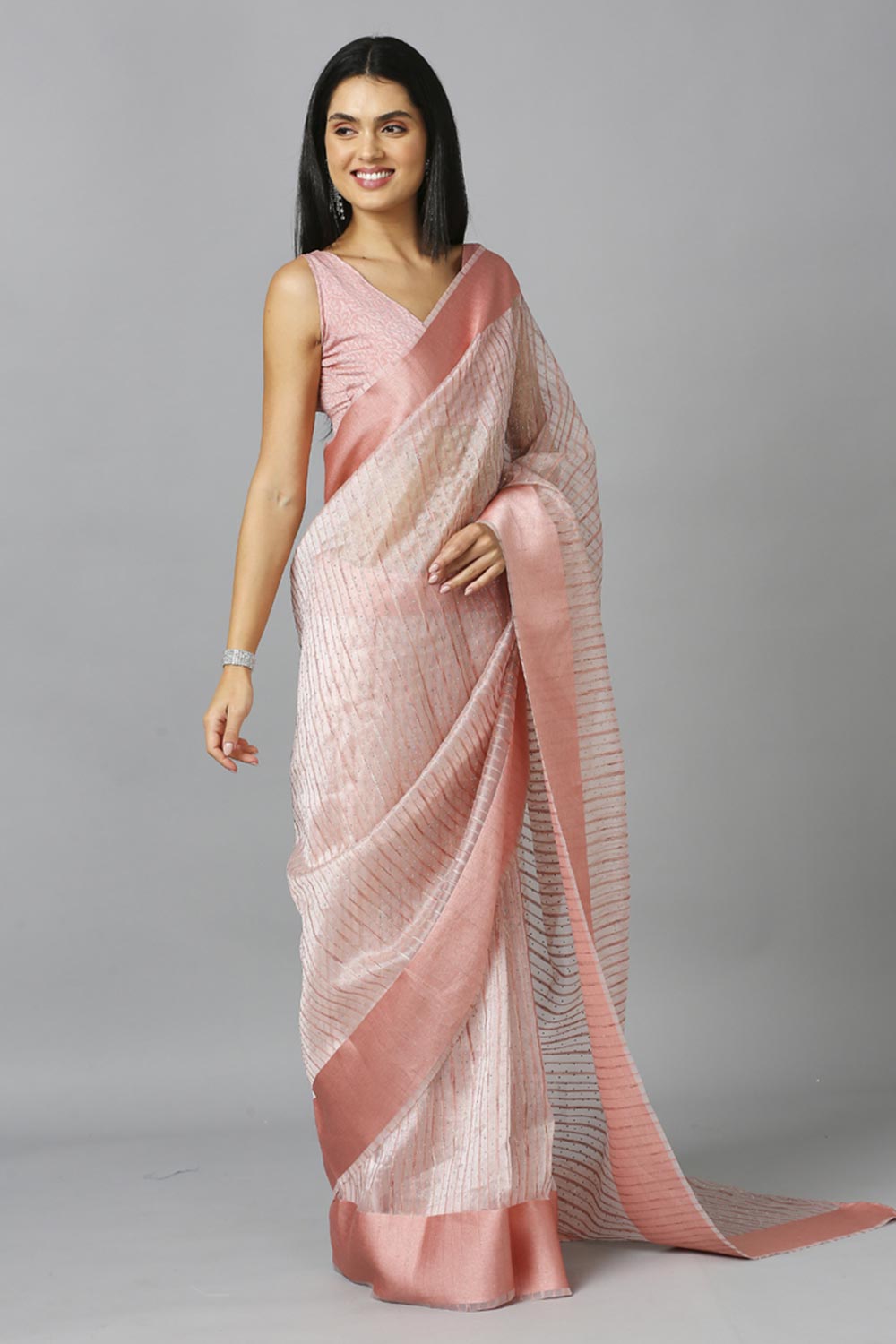 Light Peach Organza Stone Work Party Wear Designer Saree