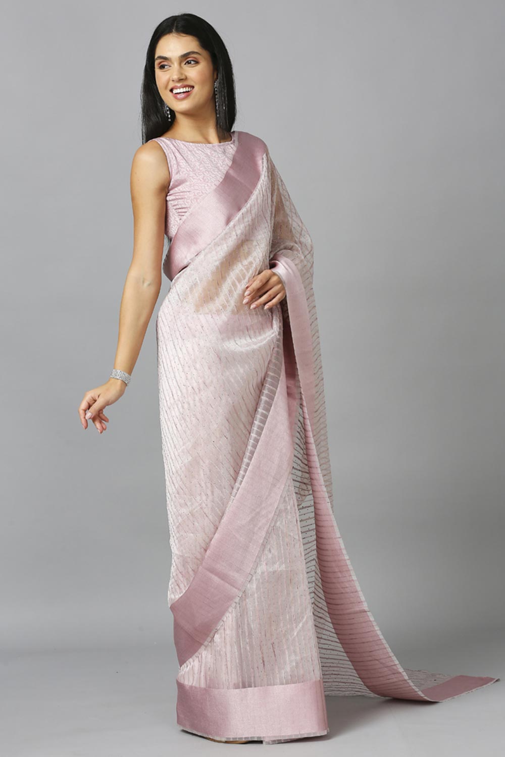 Baby Pink Organza Stone Work Party Wear Designer Saree