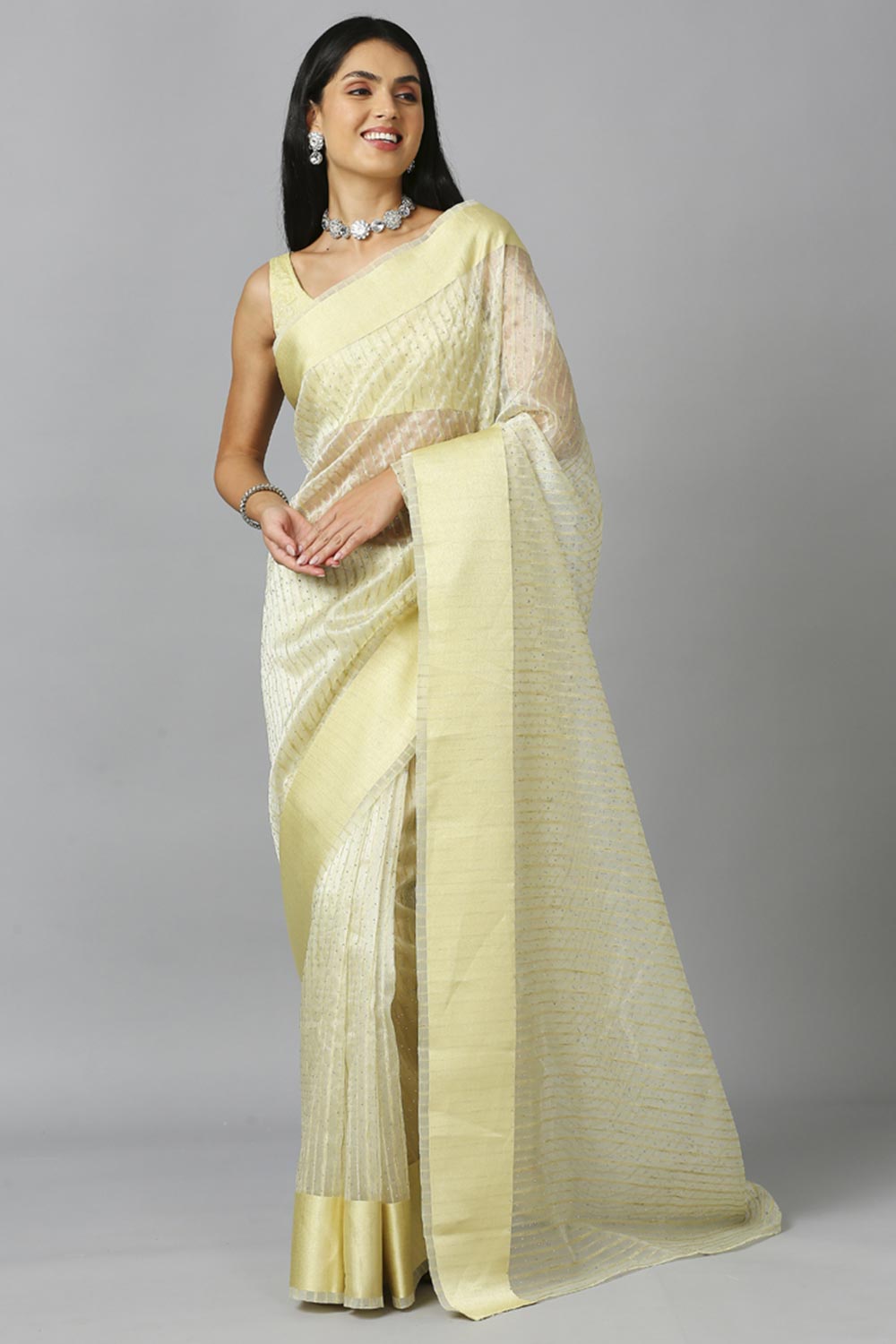 Light Lemon Organza Stone Work Party Wear Designer Saree