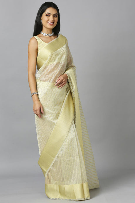 Light Lemon Organza Stone Work Party Wear Designer Saree