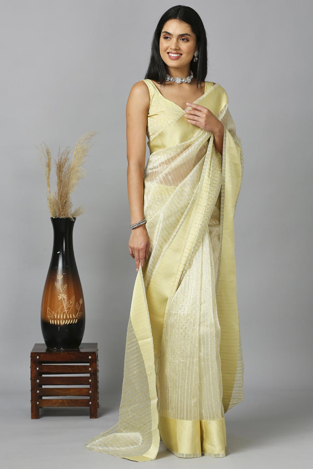 Light Lemon Organza Stone Work Party Wear Designer Saree