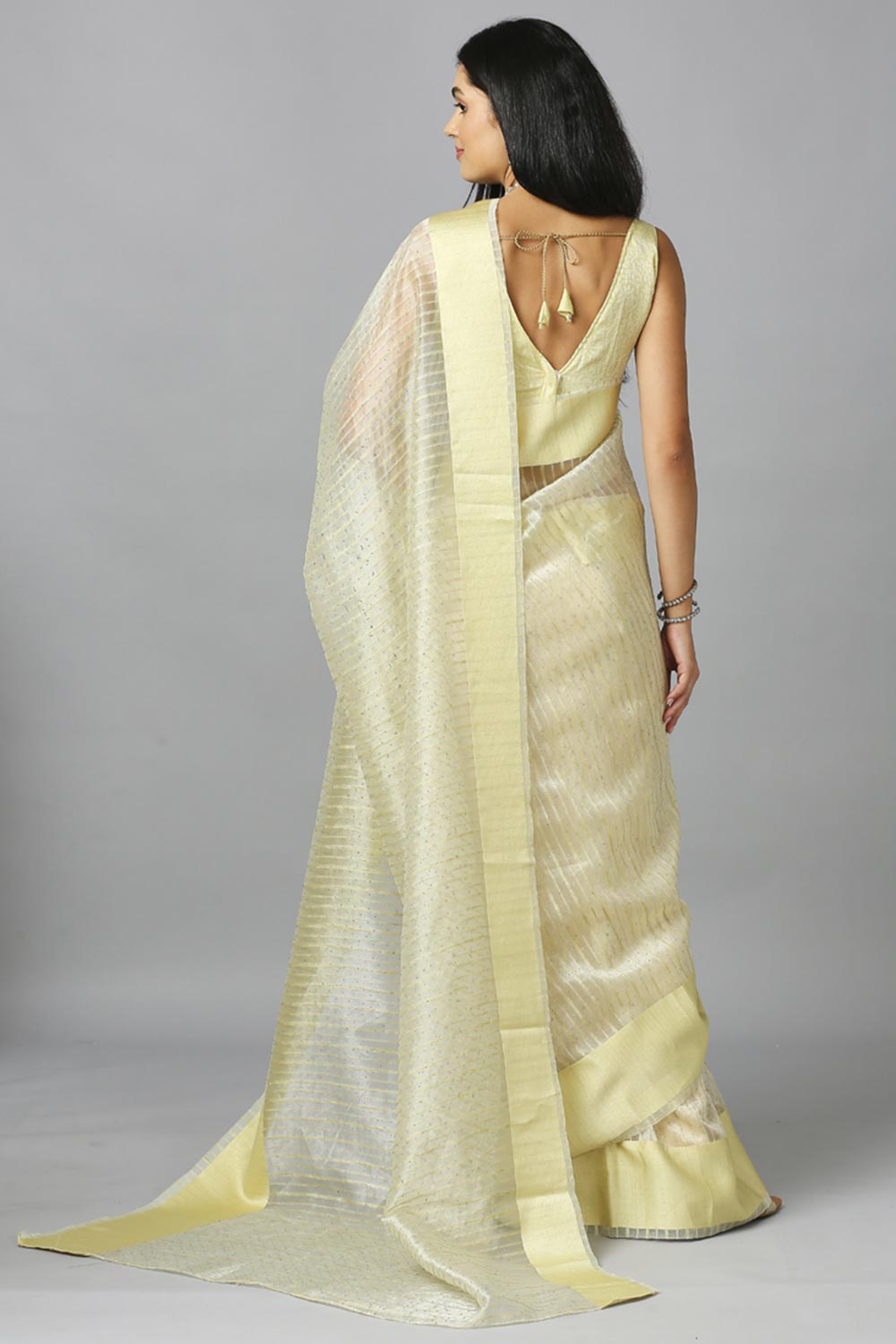 Light Lemon Organza Stone Work Party Wear Designer Saree