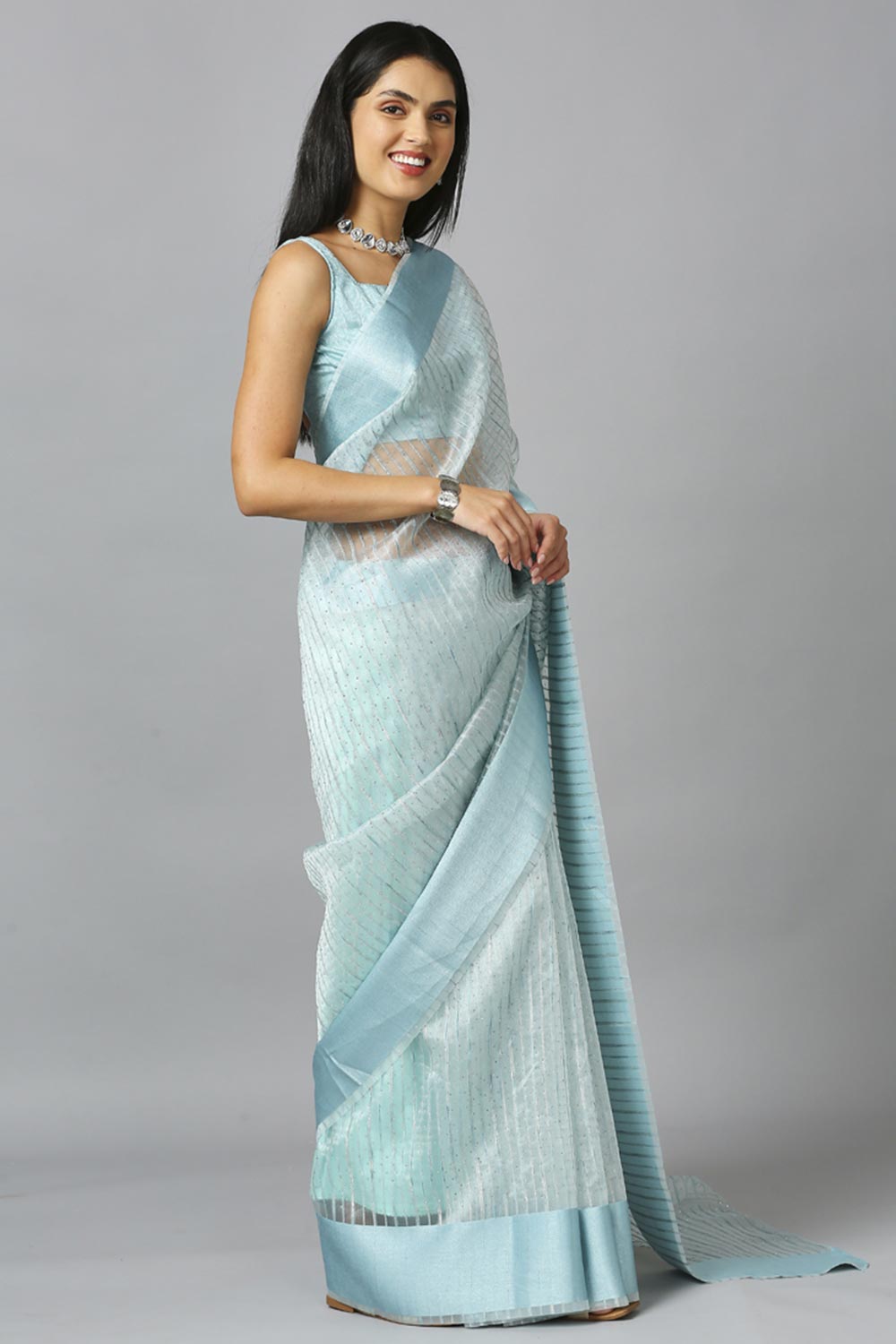 Aqua Blue Organza Stone Work Party Wear Designer Saree