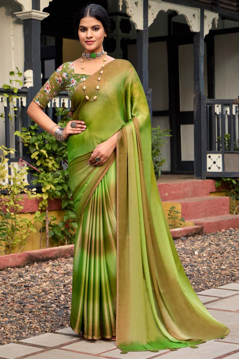 Green Printed Chiffon Saree