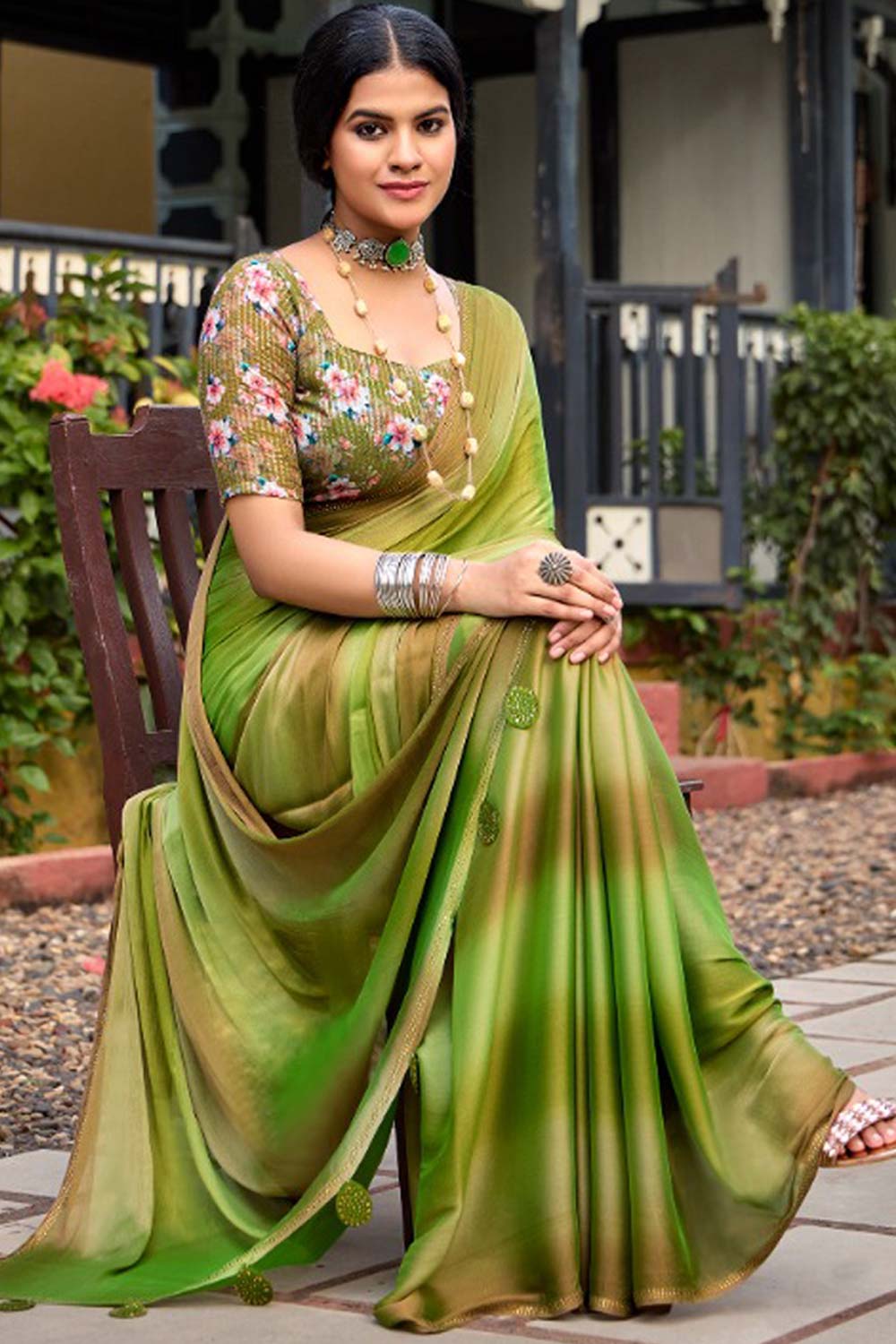 Green Printed Chiffon Saree