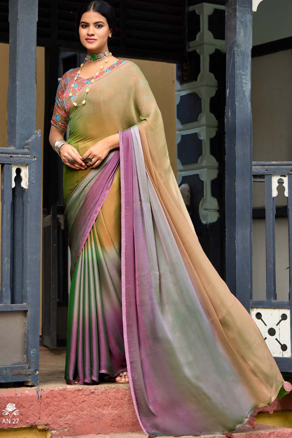 Brown Printed Chiffon Saree