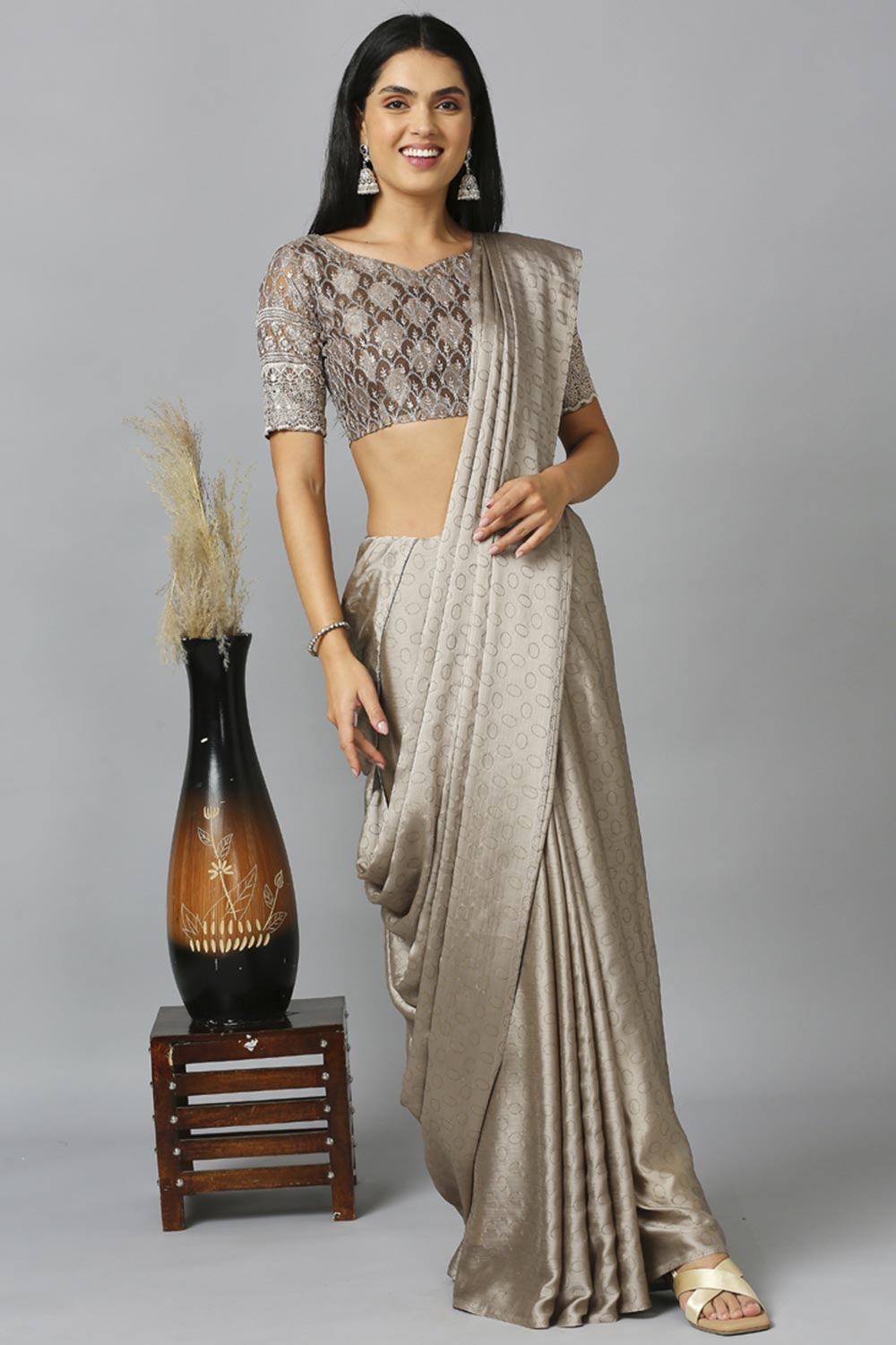 Grey Chiffon Resham Embroidery Party Wear Designer Saree