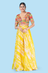 Yellow Brocade Back Open Elbow Sleeves Blouse