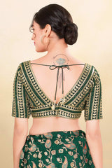 Bottle Green Silk Embroidered Elbow Sleeves Blouse