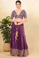 Purple Silk Embroidered Elbow Sleeves Blouse