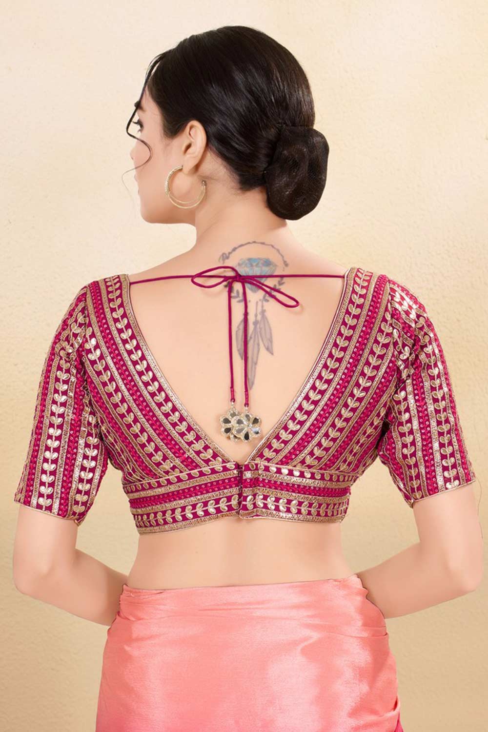 Magenta Silk Embroidered Elbow Sleeves Blouse