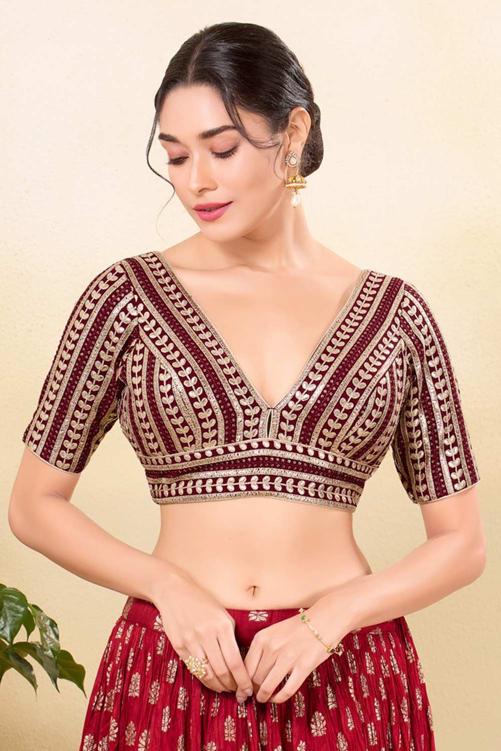 Maroon Silk Embroidered Elbow Sleeves Blouse