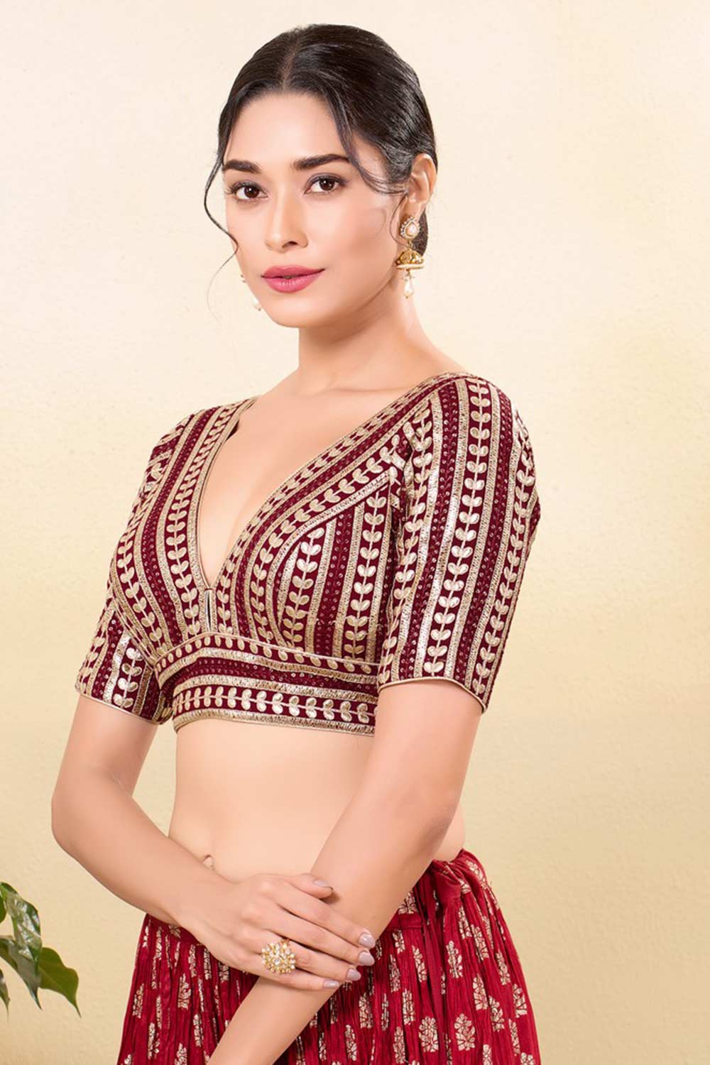 Maroon Silk Embroidered Elbow Sleeves Blouse