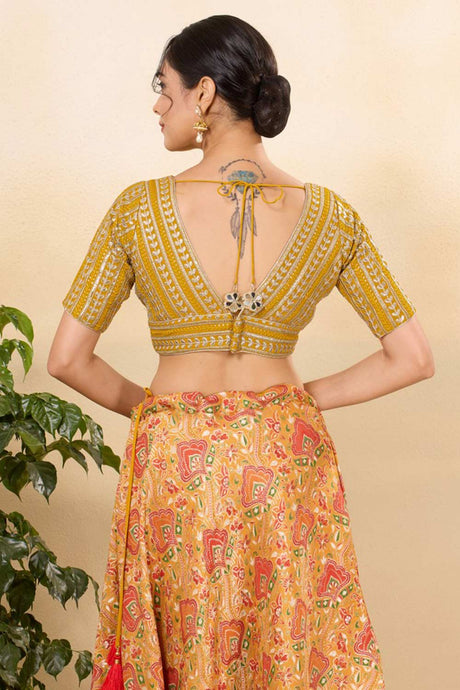 Mustard Silk Embroidered Elbow Sleeves Blouse