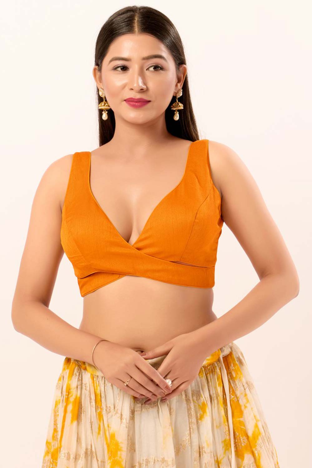 Mustard Silk V-Neck Sleeveless Blouse