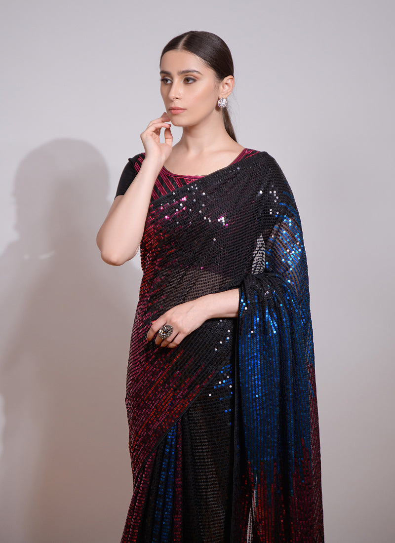 Black And Blue Georgette Embroidered Saree