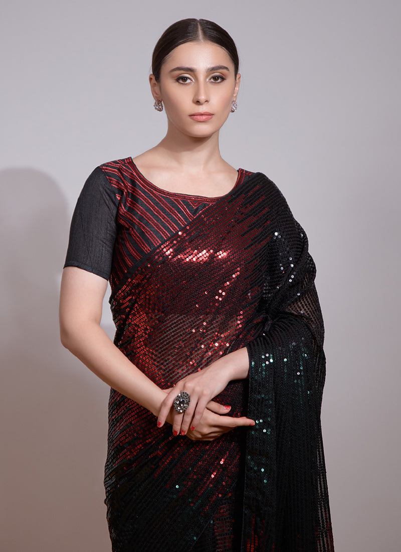 Black And Red Georgette Embroidered Saree