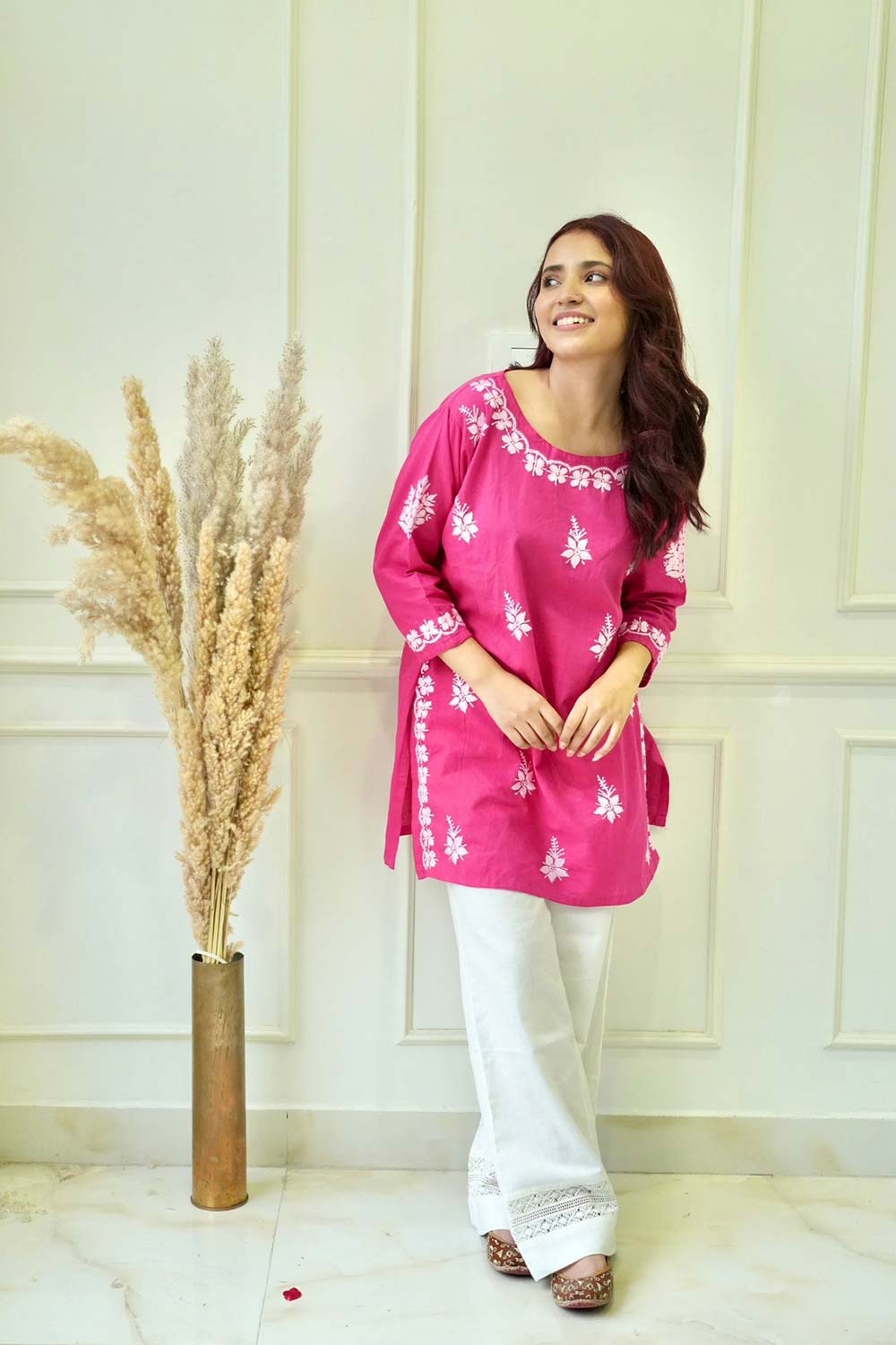 Bela chikankari Co-ord set in Hot Pink