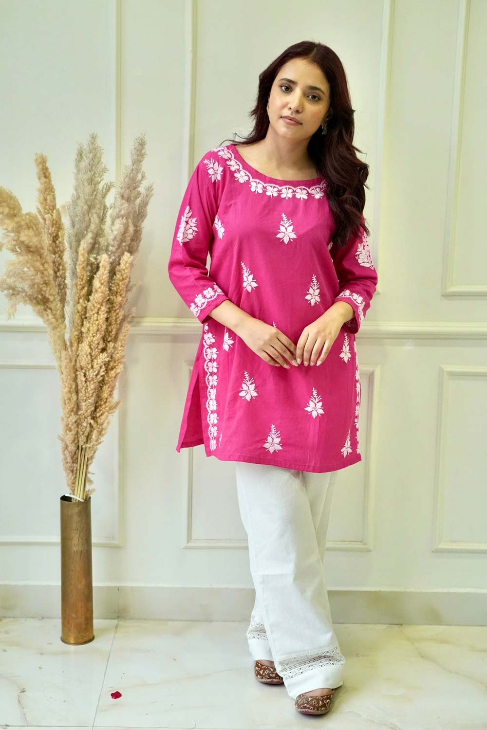 Bela chikankari Co-ord set in Hot Pink