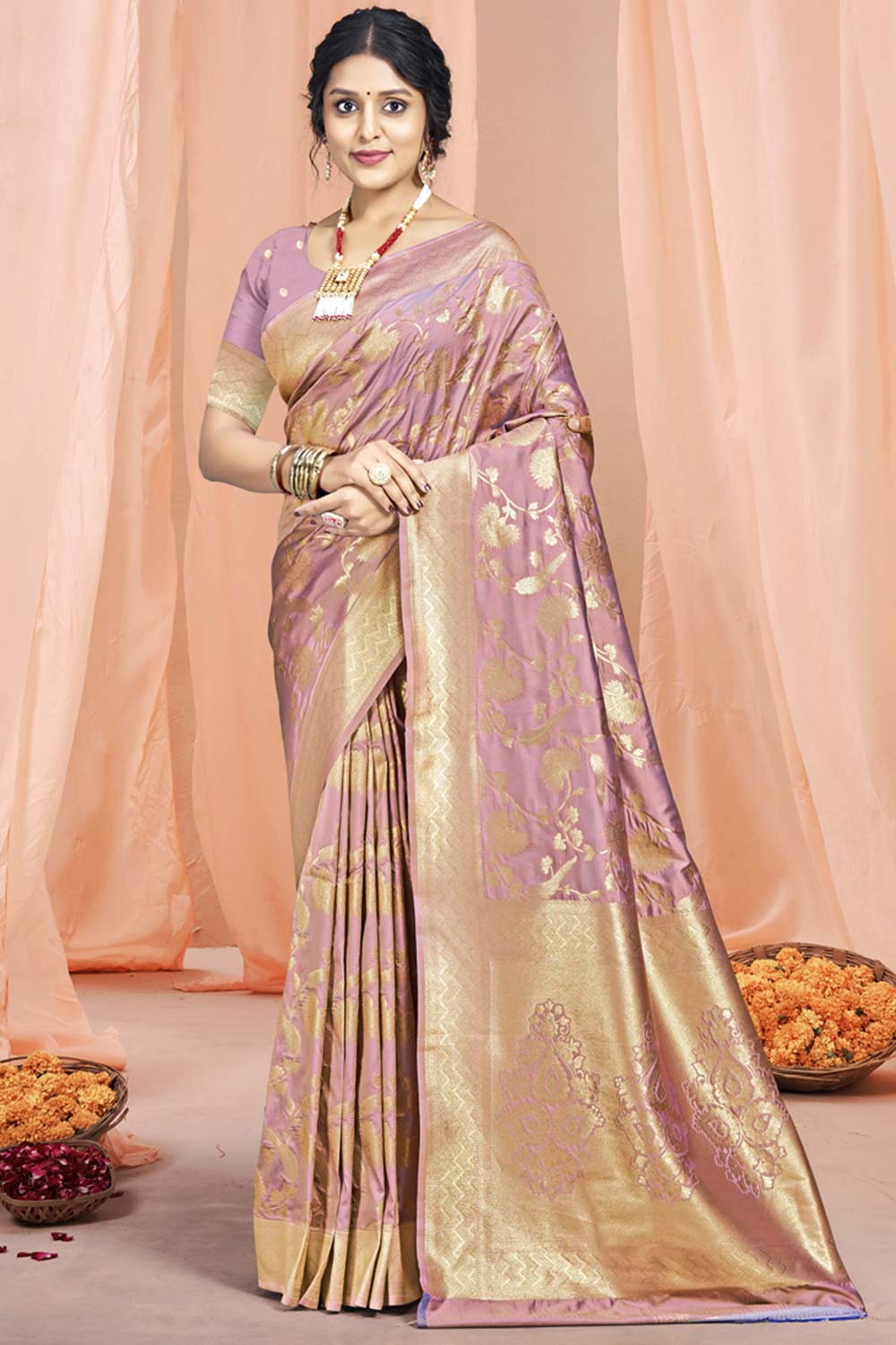 Onion Pink Silk Weaving Designer Saree