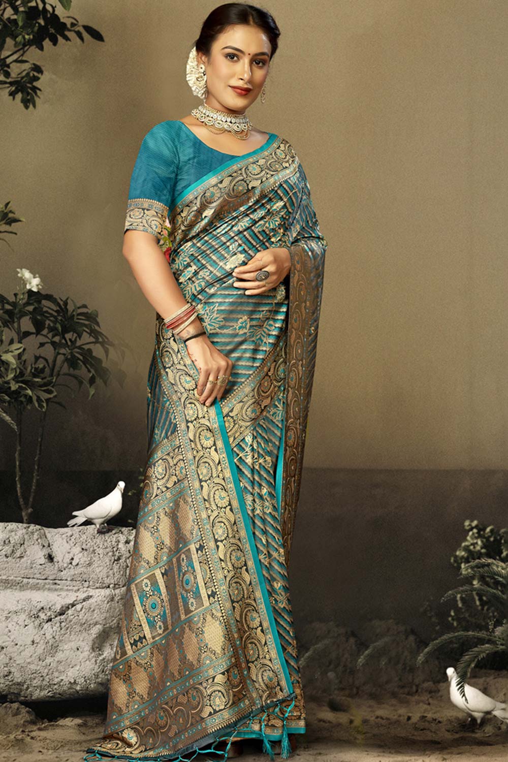 Turquoise Satin Silk Weaving Designer Saree