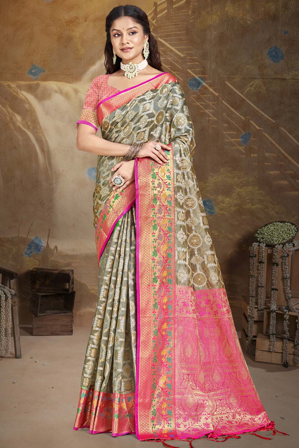 Grey Silk Weaving Designer Saree