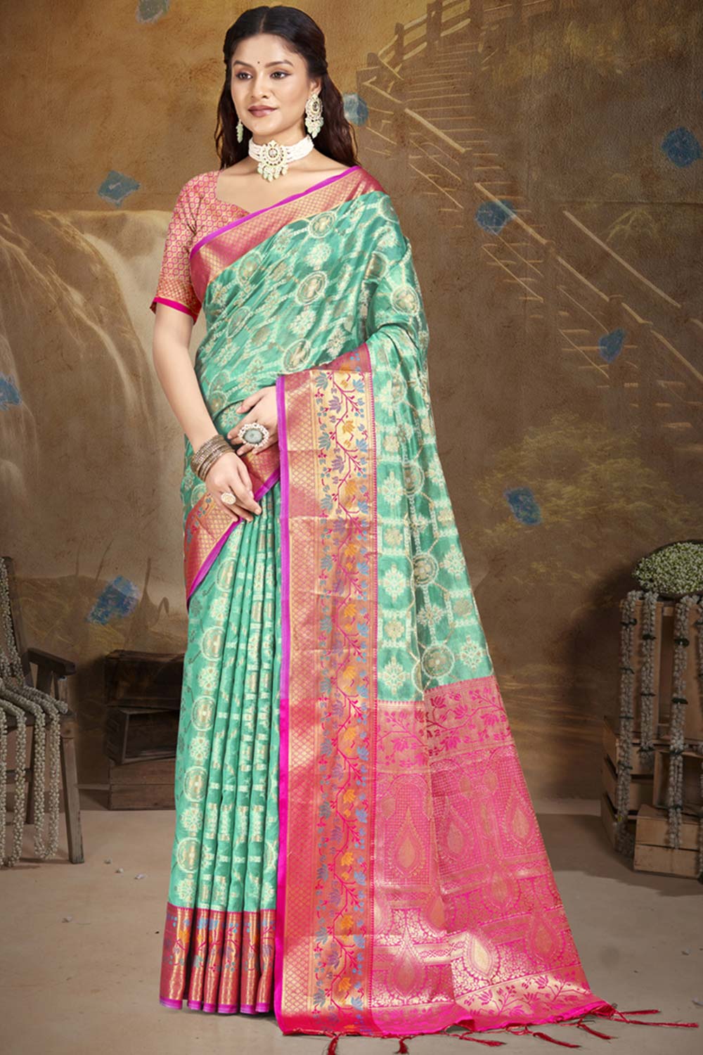 Turquiose Silk Weaving Designer Saree