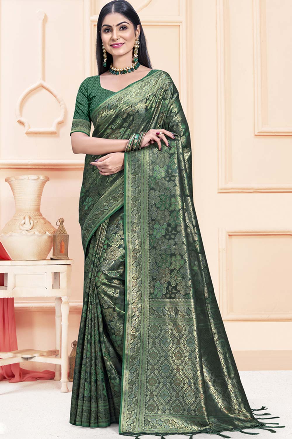 Green Satin Silk Weaving Designer Saree