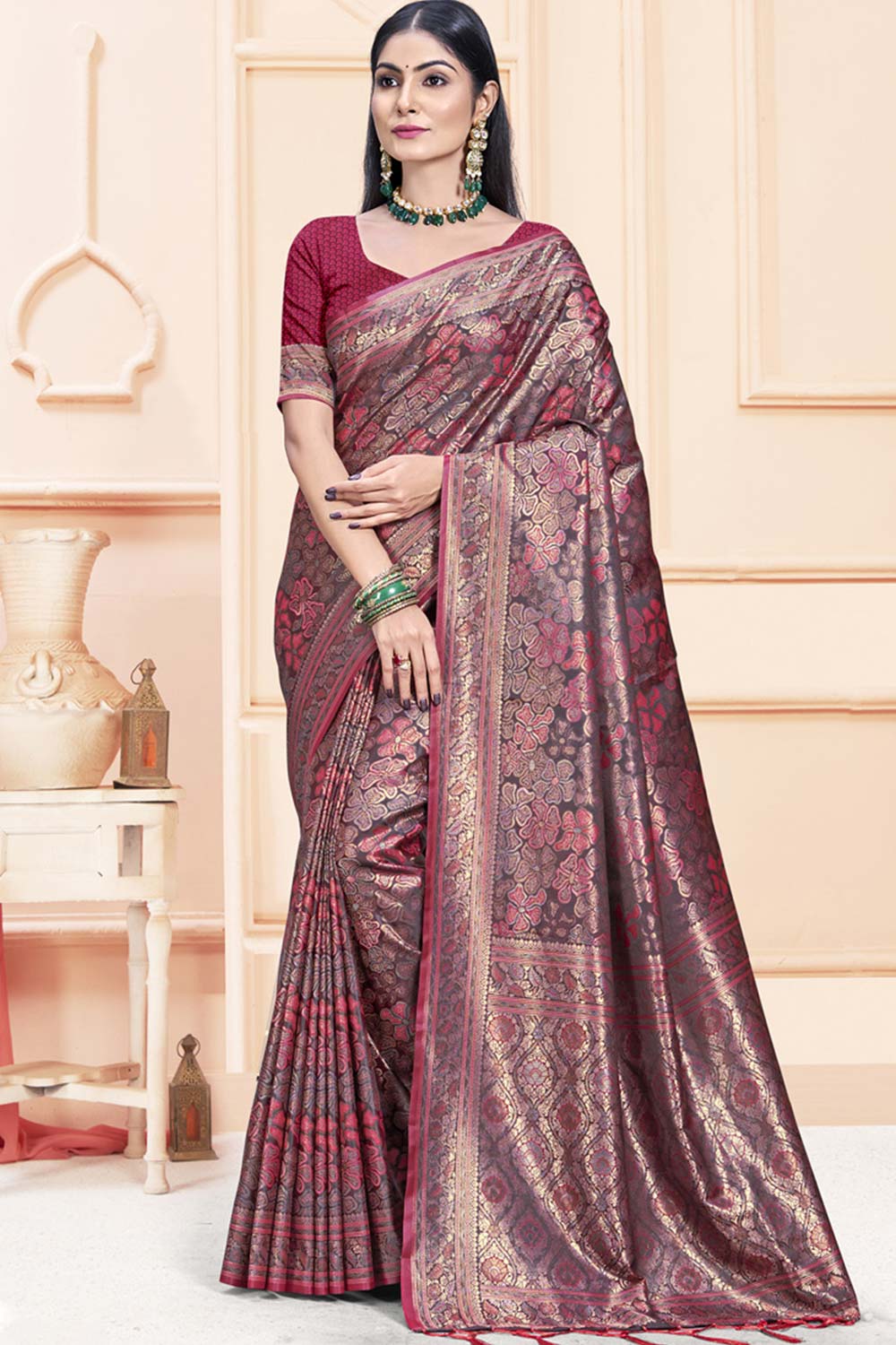 Maroon Satin Silk Weaving Designer Saree