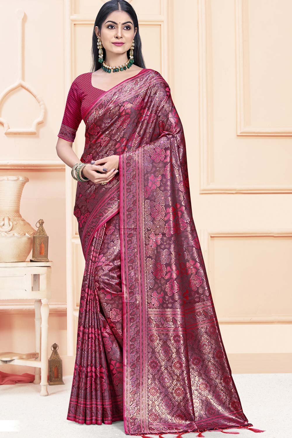 Wine Satin Silk Weaving Designer Saree