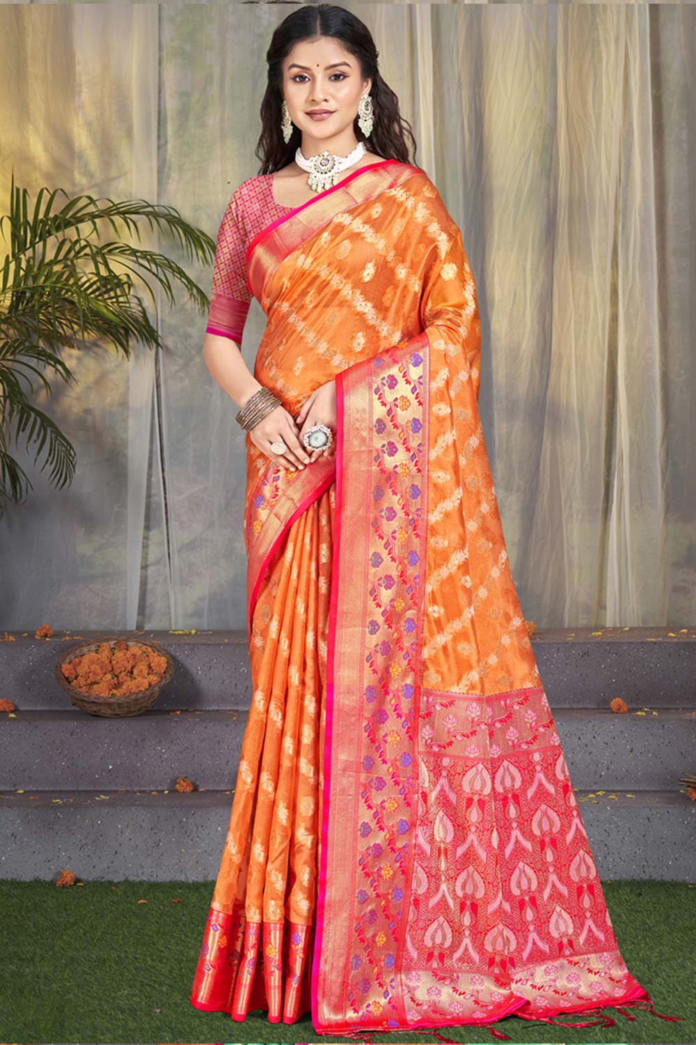 Orange Silk Weaving Designer Saree