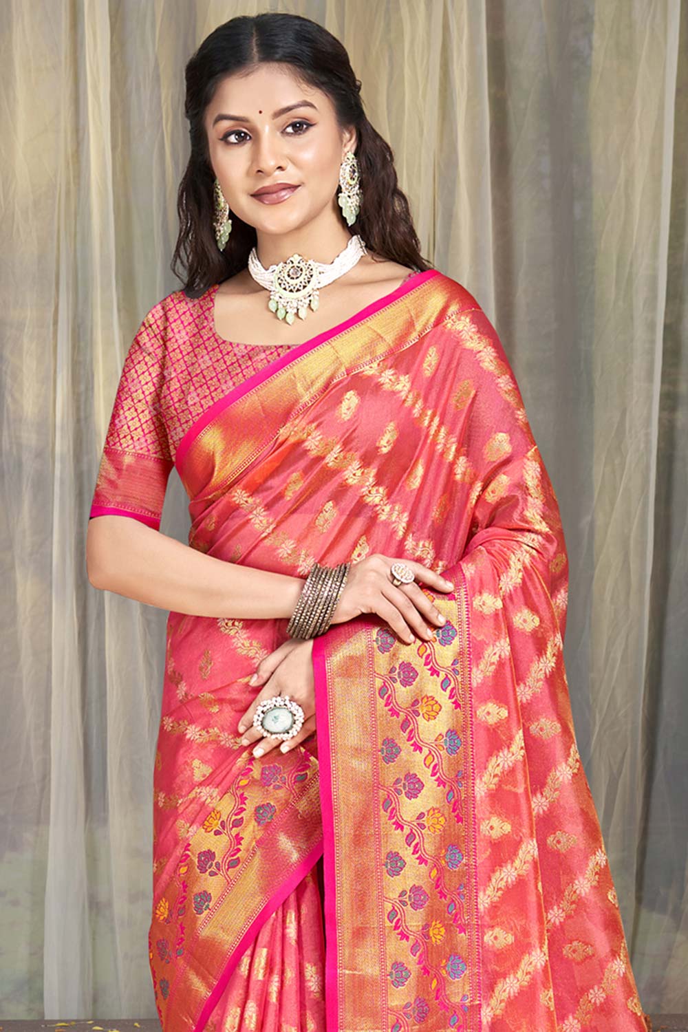 Peach Silk Weaving Designer Saree