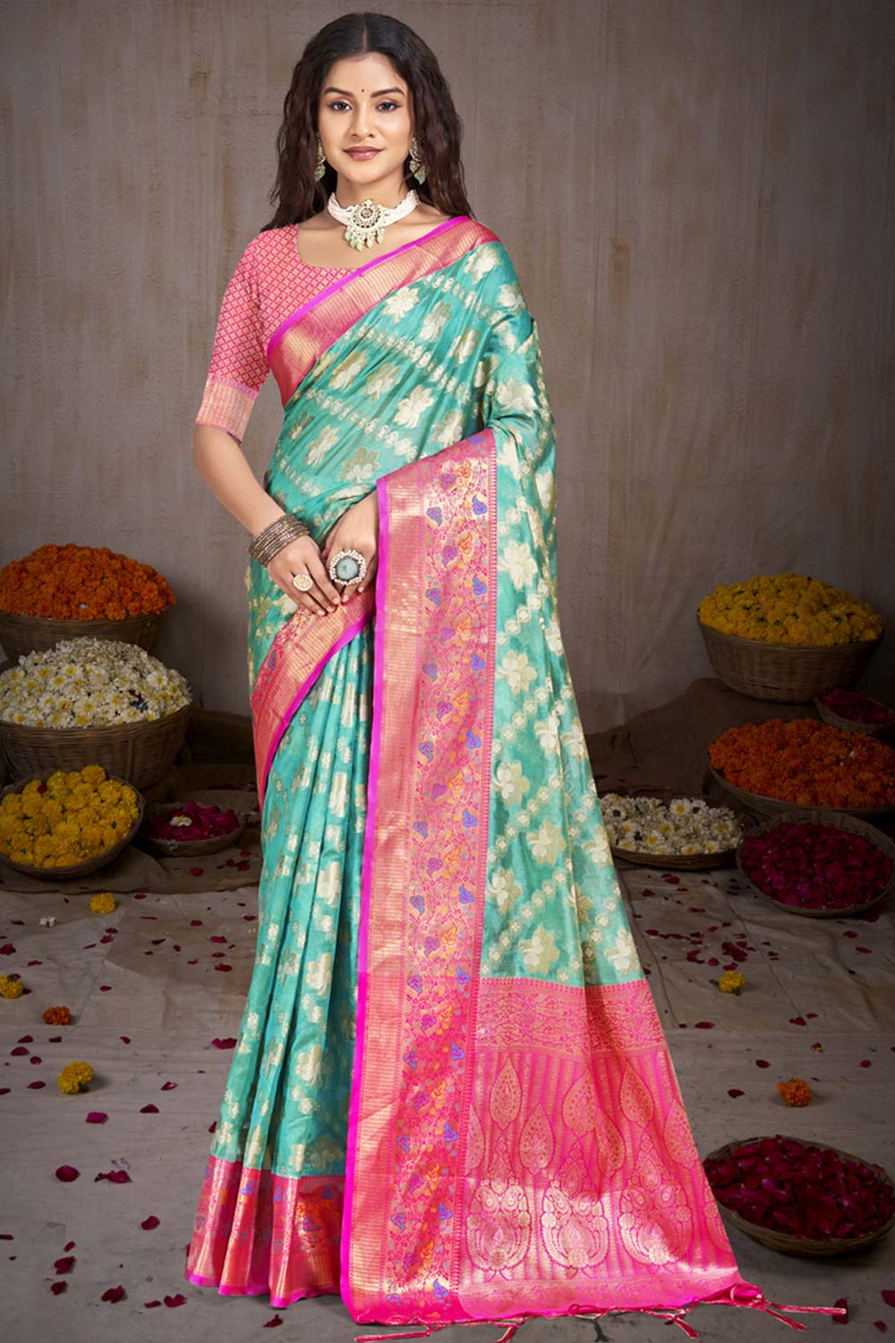 Turquoise Silk Weaving Designer Saree