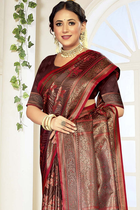 Brown Satin Silk Weaving Designer Saree