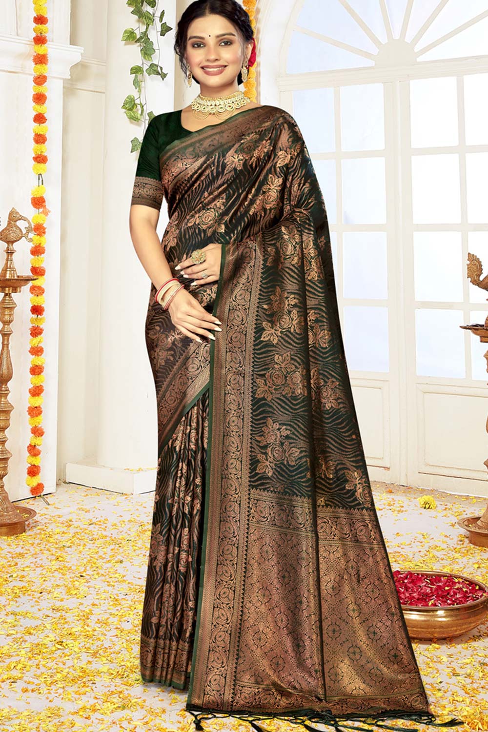 Green Satin Silk Weaving Designer Saree