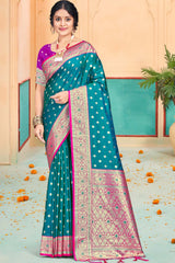 Aqua Blue Silk Weaving Designer Saree