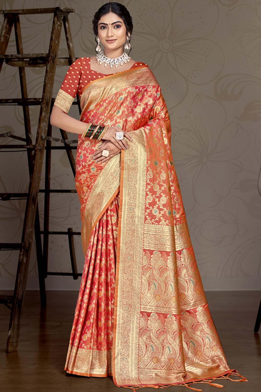 Orange Silk Weaving Designer Saree