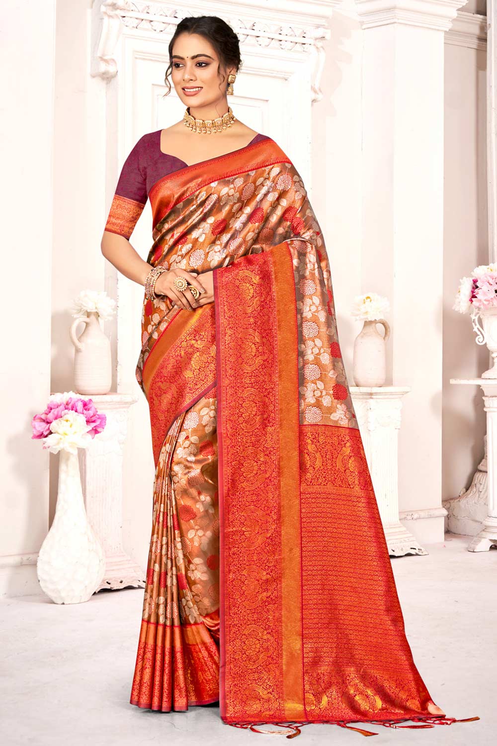 Orange Kanjivaram Silk Woven Saree