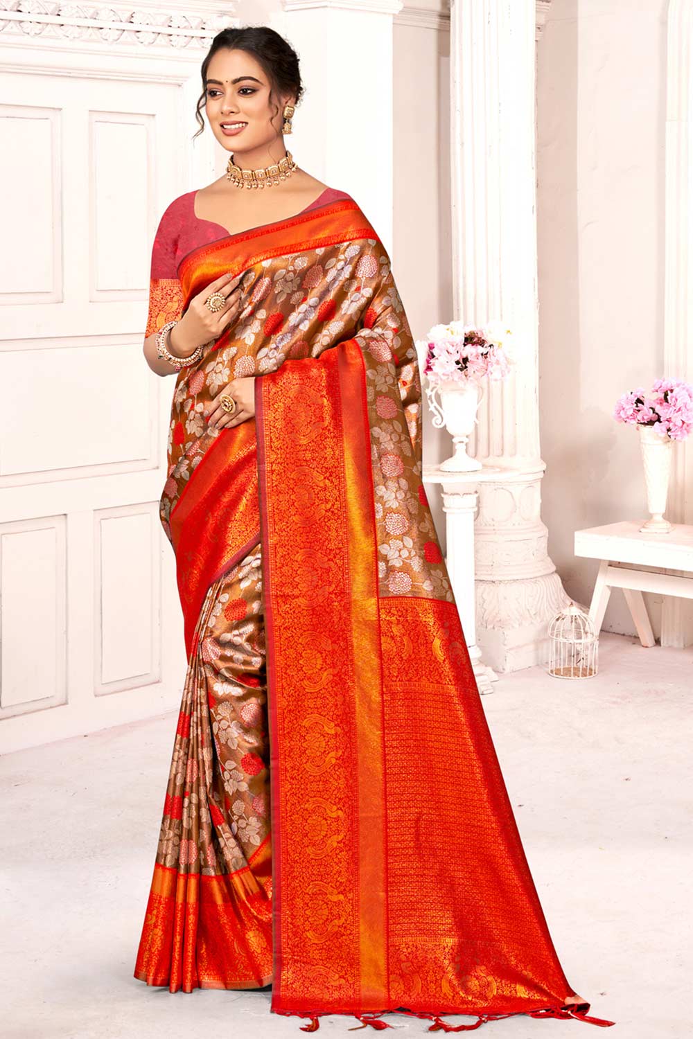 Brown Kanjivaram Silk Woven Saree