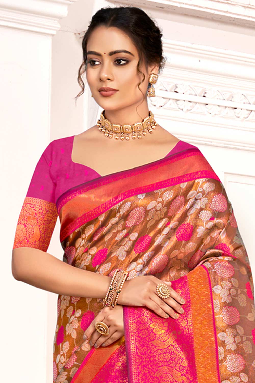 Brown Kanjivaram Silk Woven Saree