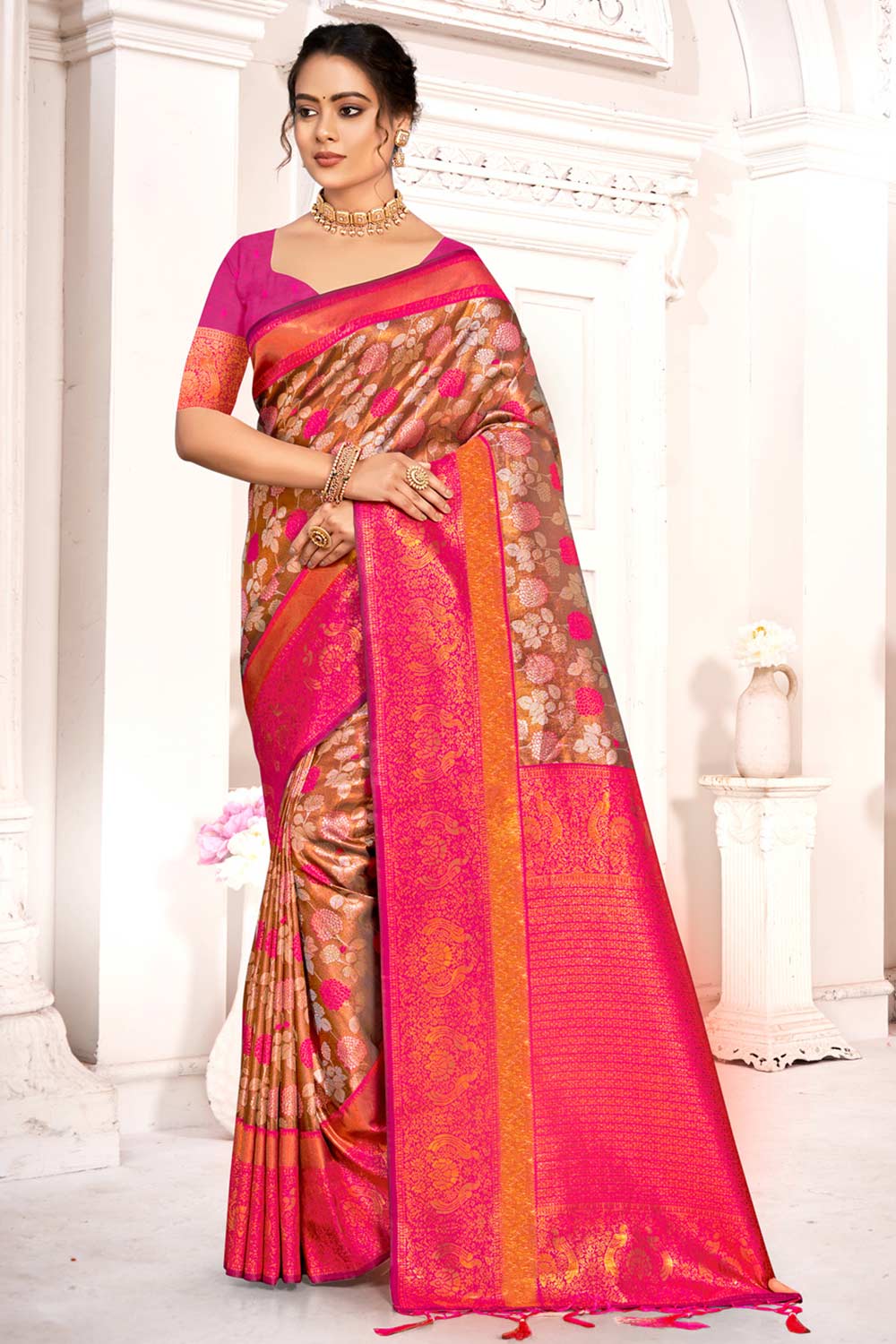 Brown Kanjivaram Silk Woven Saree