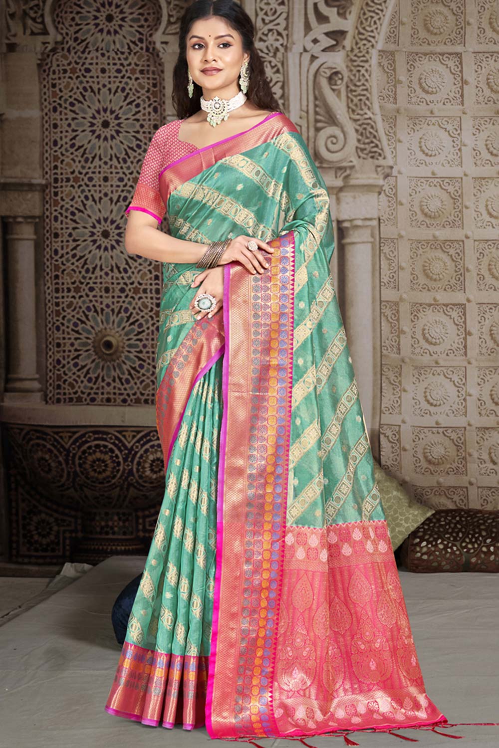 Turquoise Silk Weaving Designer Saree