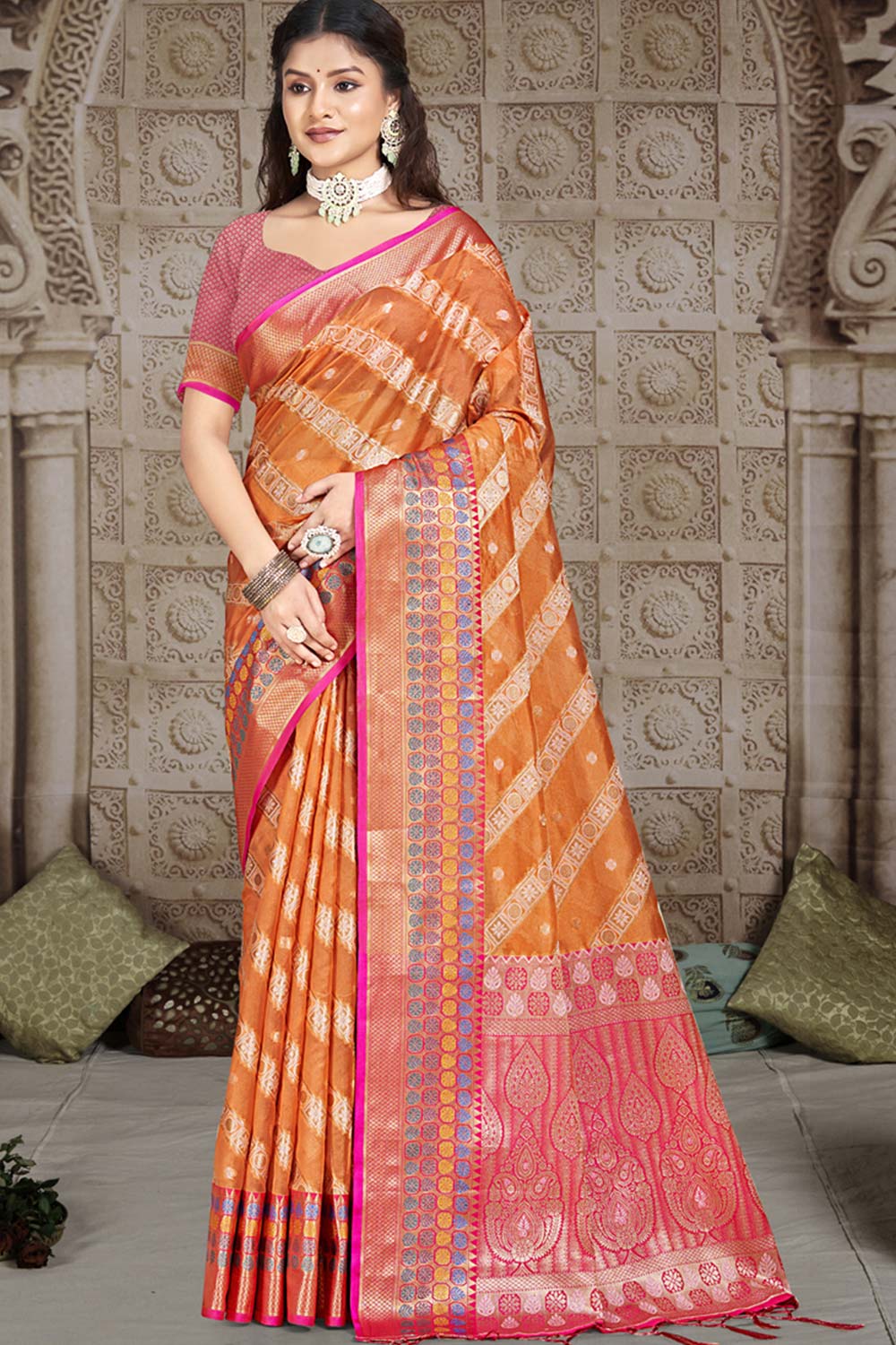 Orange Silk Weaving Designer Saree