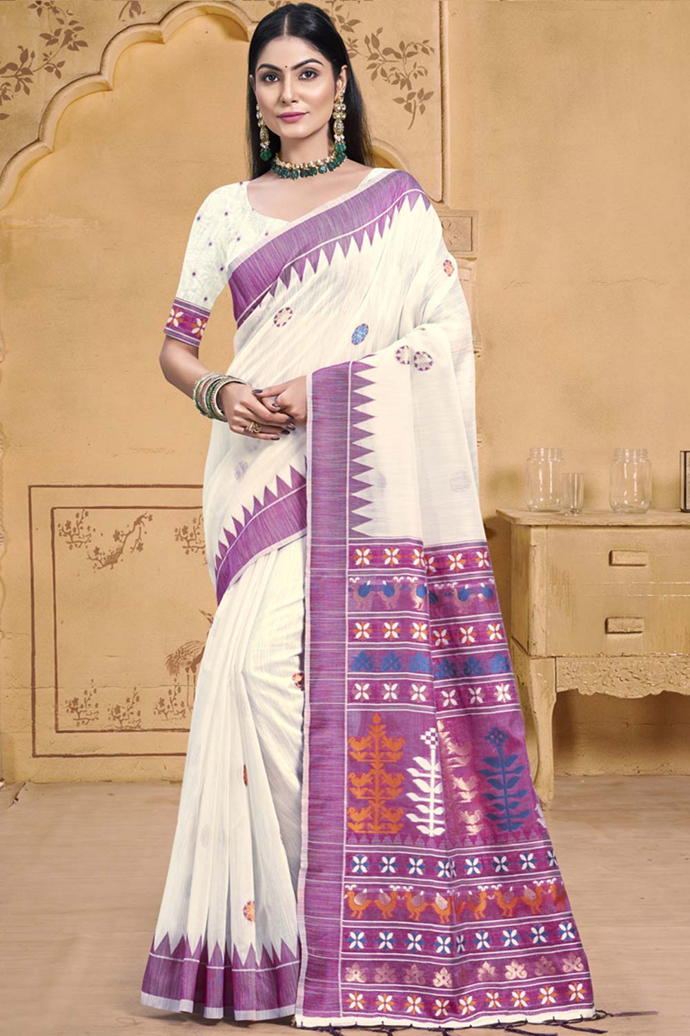 Off White Cotton Weaving Designer Saree